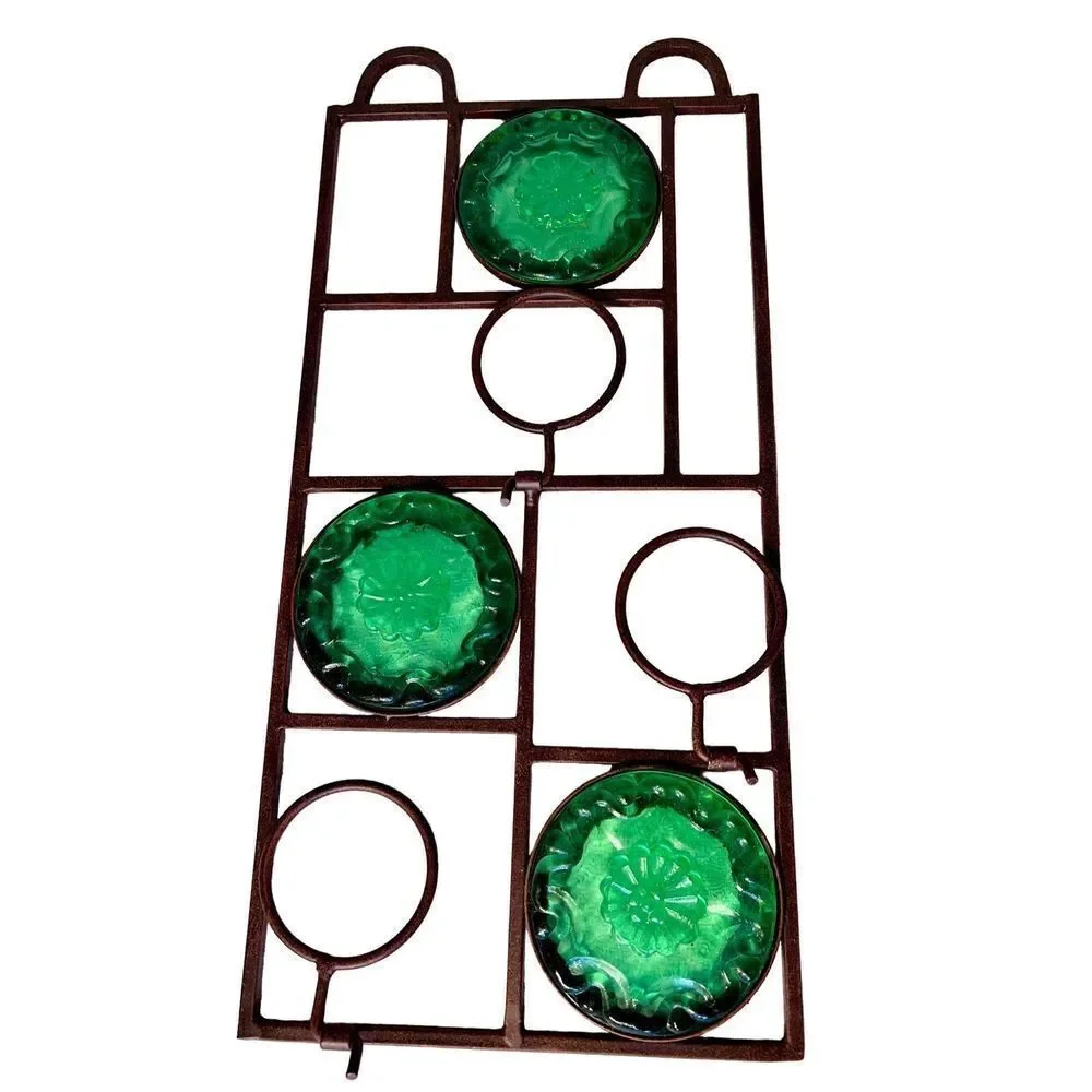 Vintage Wall Hanging Metal 3 Light Votive Candle Holder Green Glass 16” - Picture 4 of 6